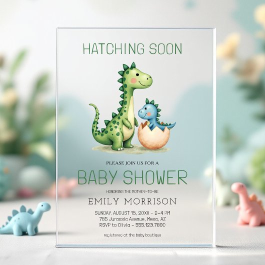 Schattigee Dinosaurus Hatching Soon Baby shower Acryl Uitnodigingen