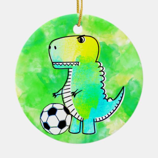 Schattigee dinosaurus houdt van voetbal Waterverf  Keramisch Ornament (Voorkant)