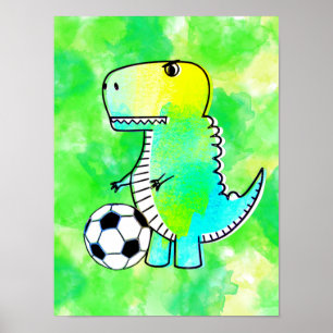 Schattigee dinosaurus houdt van voetbal Waterverf  Poster