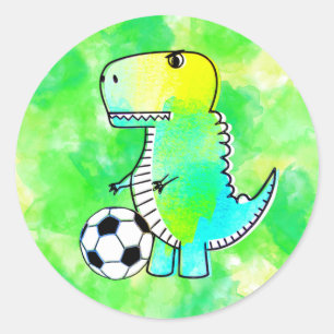 Schattigee dinosaurus houdt van voetbal Waterverf  Ronde Sticker