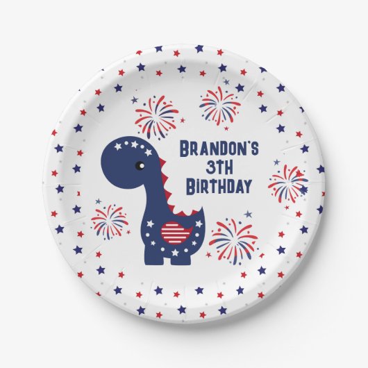 Schattigee Dinosaurus Jongen Verjaardag 4 juli Papieren Bordje (Voorkant)
