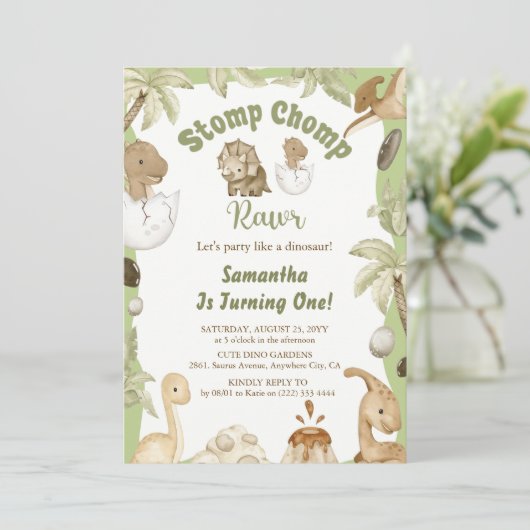Schattigee Dinosaurus Jongen Verjaardag Dino Party Kaart (Staand voorkant)