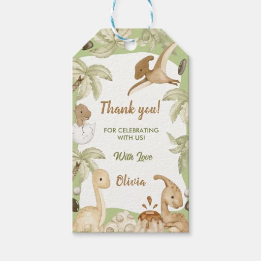 Schattigee Dinosaurus Jongen Verjaardagsfeestje Cadeaulabel (Voorkant)