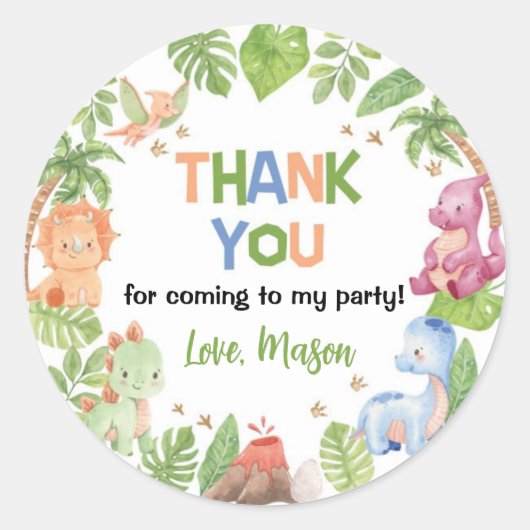 Schattigee Dinosaurus Jongen Verjaardagsfeestje Ronde Sticker (Voorkant)