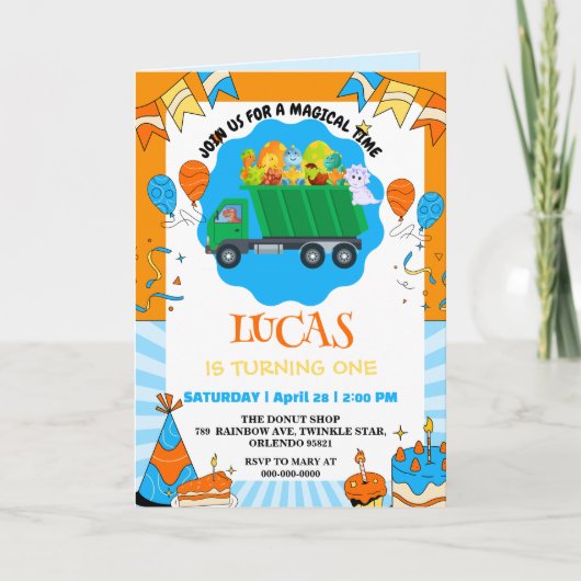 Schattigee Dinosaurus kleurrijke vuilniswagen verj (Voorkant)