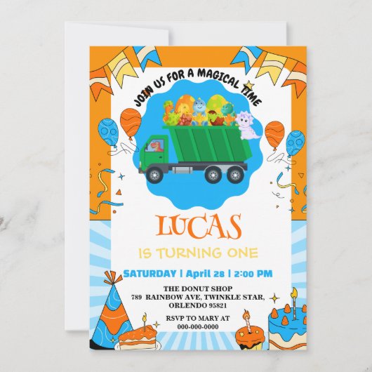 Schattigee Dinosaurus kleurrijke vuilniswagen verj Kaart (Voorkant)