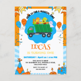 Schattigee Dinosaurus kleurrijke vuilniswagen verj Uitnodiging Briefkaart