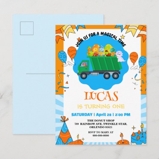 Schattigee Dinosaurus kleurrijke vuilniswagen verj Uitnodiging Briefkaart (Voorkant / Achterkant)