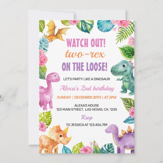 Schattigee Dinosaurus Meisje Twee-Rex Verjaardag U Kaart (Voorkant)