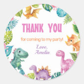 Schattigee Dinosaurus Meisje Verjaardag Classic Ro Ronde Sticker (Voorkant)