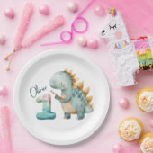Schattigee dinosaurus met een borstel 1e Verjaarda Papieren Bordje (Feest)