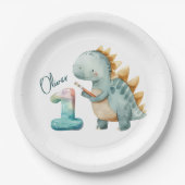 Schattigee dinosaurus met een borstel 1e Verjaarda Papieren Bordje (Voorkant)