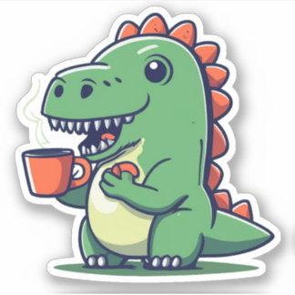 Schattigee dinosaurus met een kopje koffie sticker