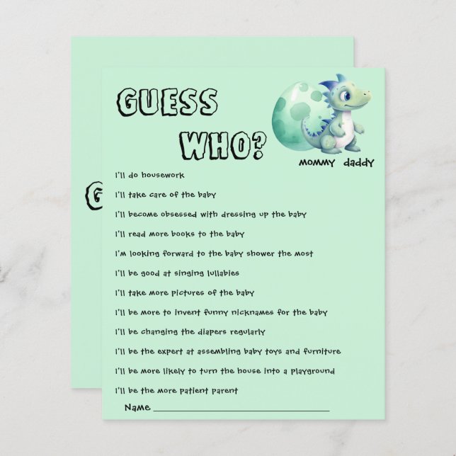 Schattigee Dinosaurus met Ei Baby shower Guess Who (Voorkant / Achterkant)