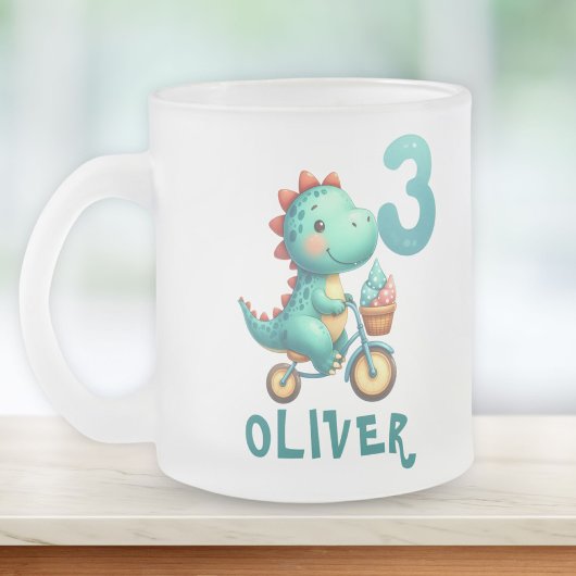 Schattigee dinosaurus met fiets 3e verjaardag matglas koffiemok