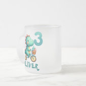 Schattigee dinosaurus met fiets 3e verjaardag matglas koffiemok (Voorkant links)