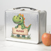 Schattigee dinosaurus met naambord gepersonaliseer (In situ)