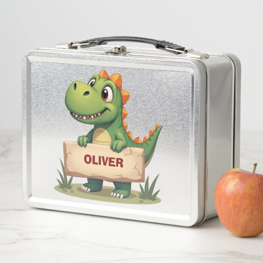 Schattigee dinosaurus met naambord gepersonaliseer (In situ)