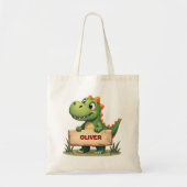 Schattigee dinosaurus met naambord gepersonaliseer tote bag (Voorkant)