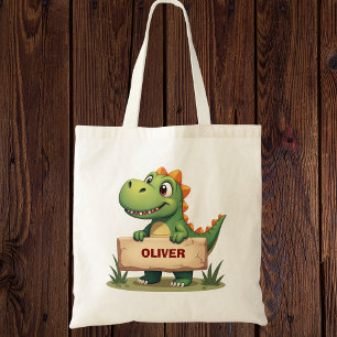 Schattigee dinosaurus met naambord gepersonaliseer tote bag