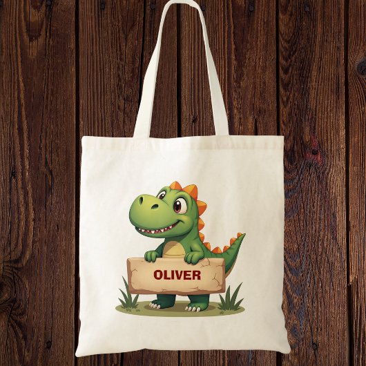 Schattigee dinosaurus met naambord gepersonaliseer tote bag