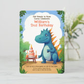 Schattigee dinosaurus met taart | Dino Kids Verjaa Kaart (Staand voorkant)