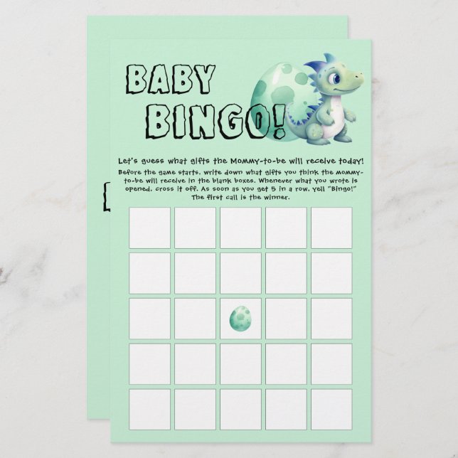 Schattigee dinosaurus met zijn Egg Baby Bingo Game (Voorkant / Achterkant)
