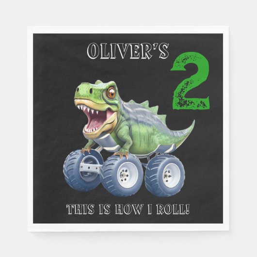 Schattigee dinosaurus monstertruck gepersonaliseer servet (Voorkant)