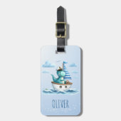 Schattigee dinosaurus nautische kapitein blauw bagagelabel (Voorkant verticaal)