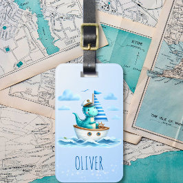 Schattigee dinosaurus nautische kapitein blauw bagagelabel