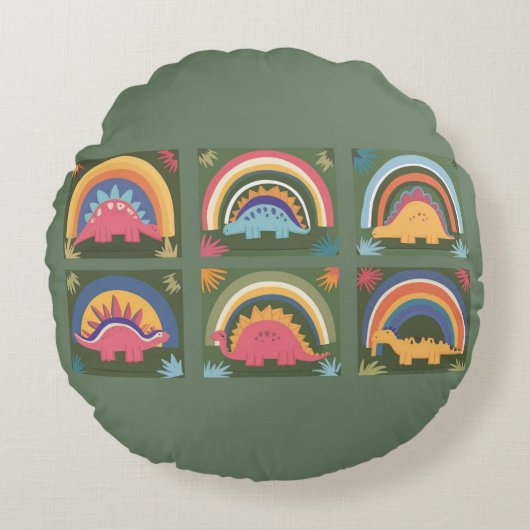 Schattigee Dinosaurus, Navy Schattige Kleurrijk Di Rond Kussen (Voorkant)