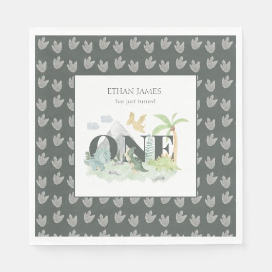 Schattigee Dinosaurus Oerwoud Waterverf Jongen 1e Servet (Voorkant)