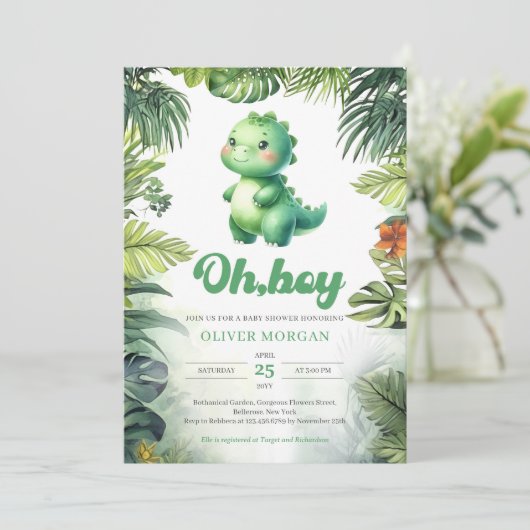 Schattigee dinosaurus Oh boy tropisch groen baby s Kaart (Staand voorkant)
