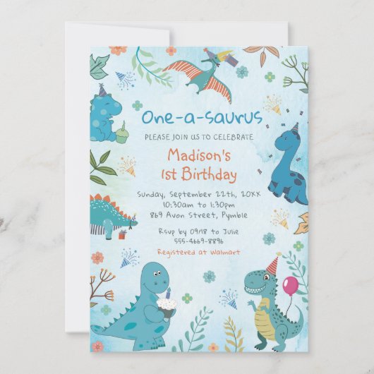 Schattigee Dinosaurus One-A-Saurus 1e Verjaardagsf Kaart (Voorkant)