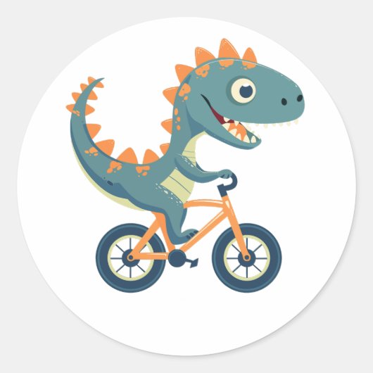 Schattigee dinosaurus op fiets ronde sticker (Voorkant)