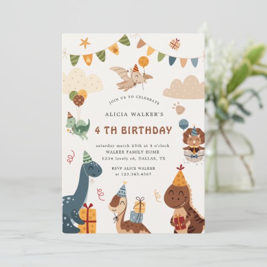 Schattigee Dinosaurus Party Animals Kids Verjaarda Kaart (Staand voorkant)