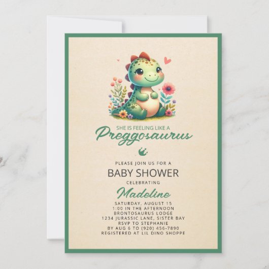 Schattigee dinosaurus Preggosaurus Baby shower Inv Kaart (Voorkant)