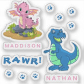 Schattigee dinosaurus RAWR naam op maat gesneden v Sticker (Voorkant)