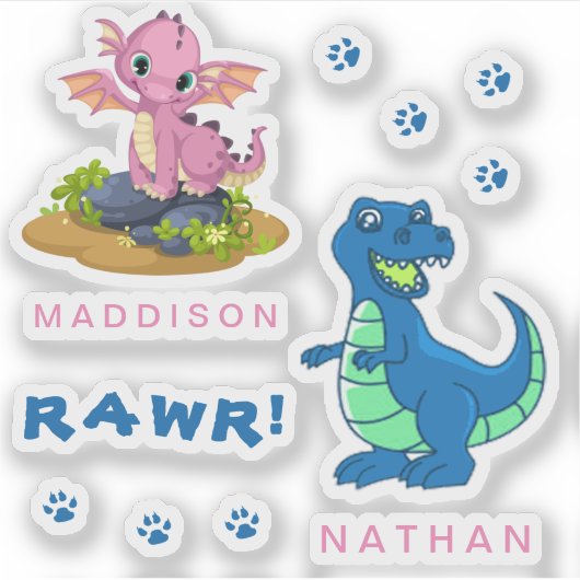 Schattigee dinosaurus RAWR naam op maat gesneden v Sticker (Voorkant)