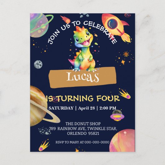 Schattigee Dinosaurus regenboog Galaxy ruimte verj Briefkaart (Voorkant)