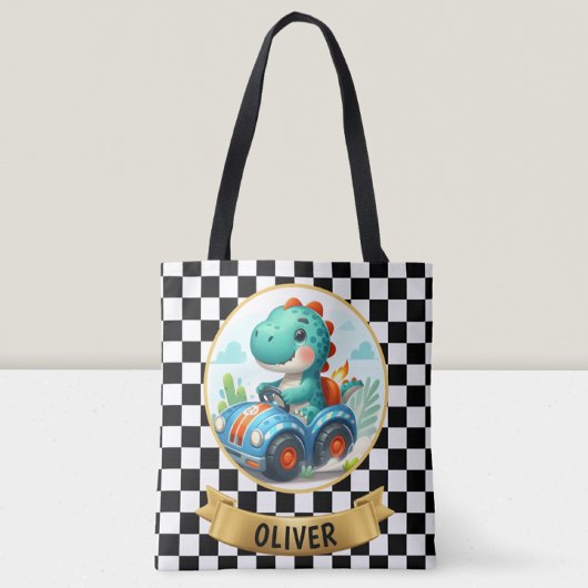 Schattigee Dinosaurus Rijden Een Race Auto Tote Bag