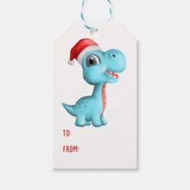 Schattigee Dinosaurus Santa Hoed Kinder Blauw Rood Cadeaulabel