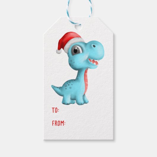 Schattigee Dinosaurus Santa Hoed Kinder Blauw Rood Cadeaulabel (Voorkant)