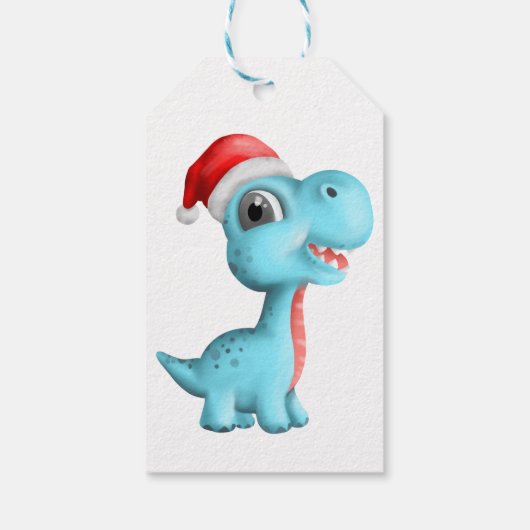 Schattigee Dinosaurus Santa Hoed Kinder Blauw Rood Cadeaulabel (Achterkant)