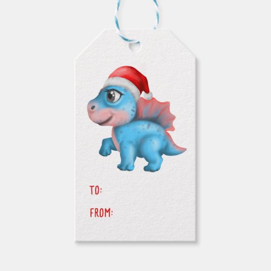 Schattigee Dinosaurus Santa Hoed Kinder Blauwe Ker Cadeaulabel (Voorkant)