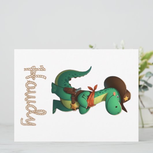Schattigee dinosaurus sheriff/cowboy feestdagenkaart (Staand voorkant)