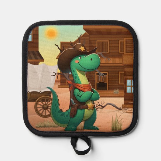 Schattigee dinosaurus sheriff/cowboy pannenlap (Voorkant)