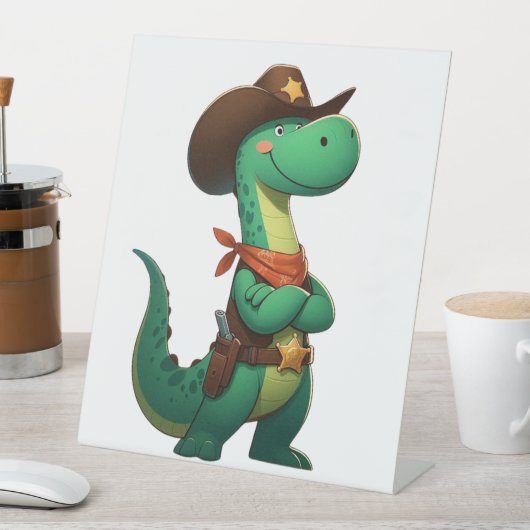Schattigee dinosaurus sheriff/cowboy reclamebord met voetstuk (Insitu)