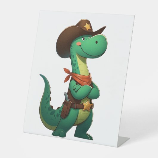 Schattigee dinosaurus sheriff/cowboy reclamebord met voetstuk (Voorkant)