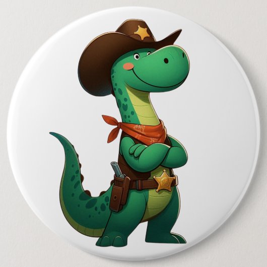 Schattigee dinosaurus sheriff/cowboy ronde button 6,0 cm (Voorkant)